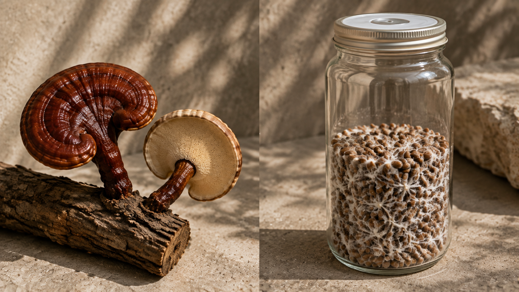 Whole fruiting body mushrooms compared with mycelium growing through grain