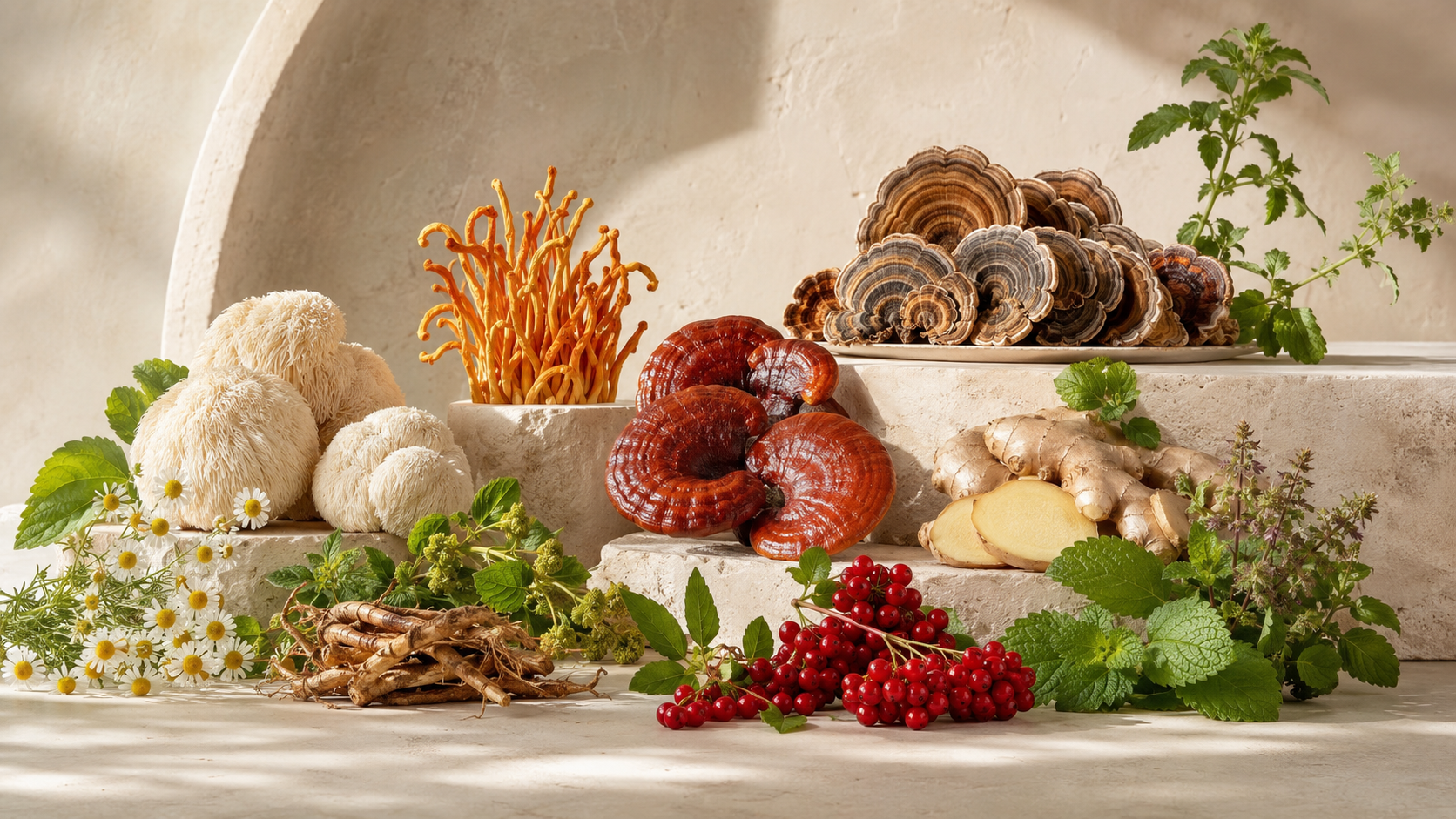 Lion’s mane, cordyceps, reishi, turkey tail, rhodiola, ginger, chamomile, lemon balm, schisandra berries, and tulsi arranged as a botanical still life