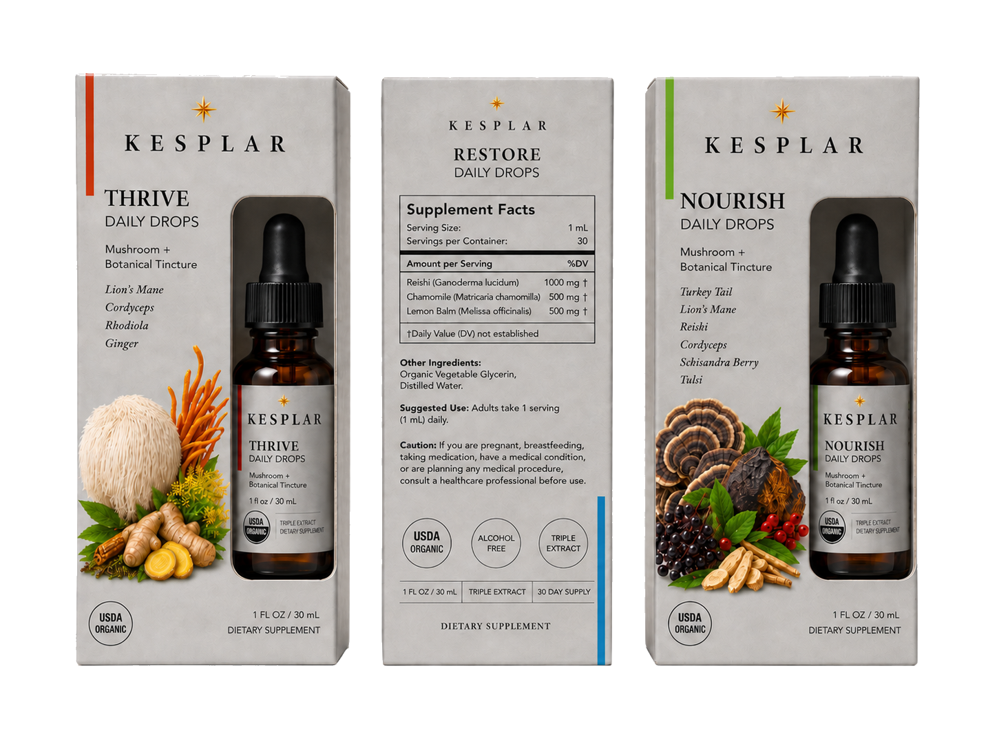 Complete KESPLAR Thrive, Restore, and Nourish packaging collection