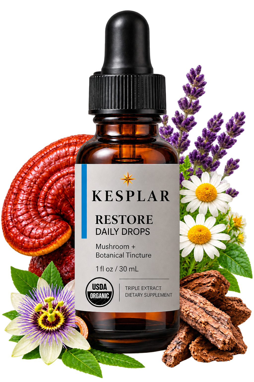 Restore bottle shown with Reishi, Chamomile, Lemon Balm